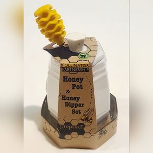 Prepara Ceramic Honey Pot & Silicone/Acacia Wood Dipper Set NIP